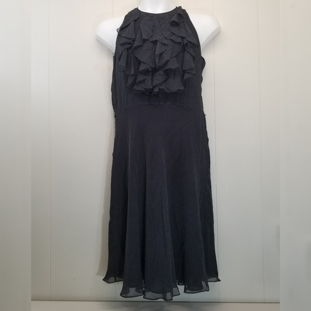 Ralph Lauren 14 Silk Dress Flare Polka Dot Ruffle Sleeveless Cruise Party